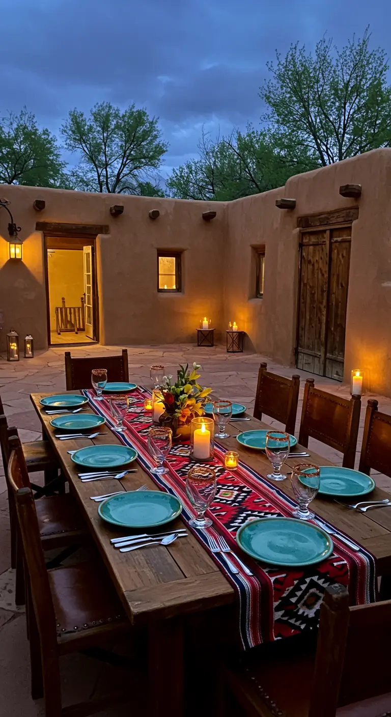 Table de patio avec un chemin de table aux motifs géométriques du Sud-Ouest.