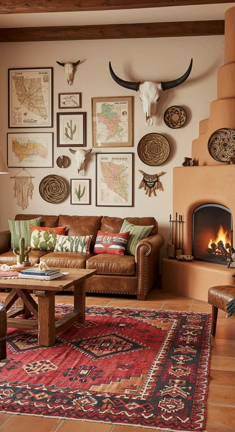 Salon de style Southwestern avec une cheminée en adobe, un canapé en cuir et des crânes au mur.