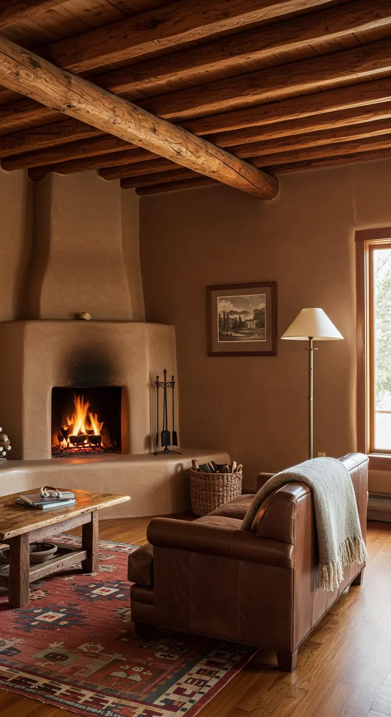 Salon de style Sud-Ouest avec cheminée kiva en adobe et poutres en bois rond.