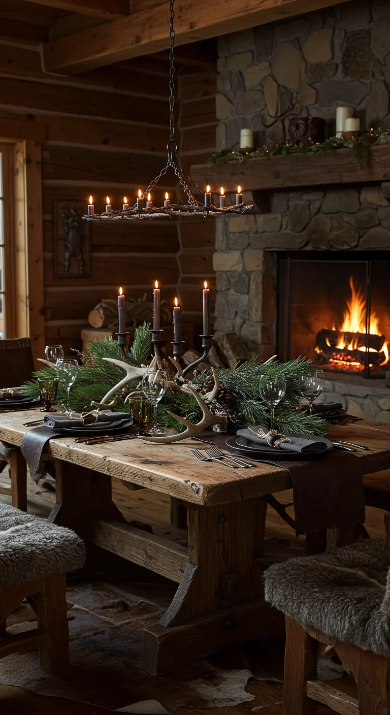 Table de chalet rustique avec centre de table en pin, bois de cerf et bougies.