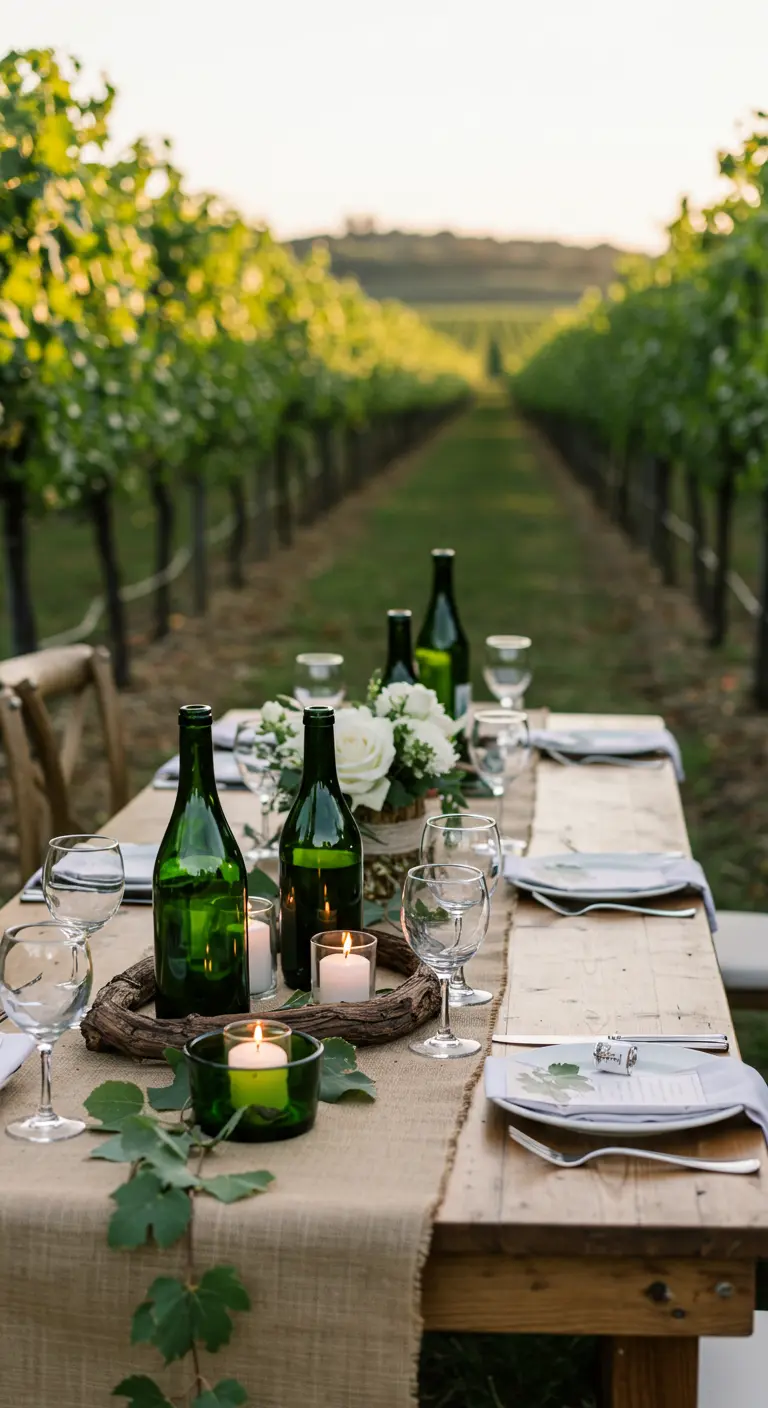 Table en bois dans un vignoble, décorée de bouteilles de vin et de toile de jute.