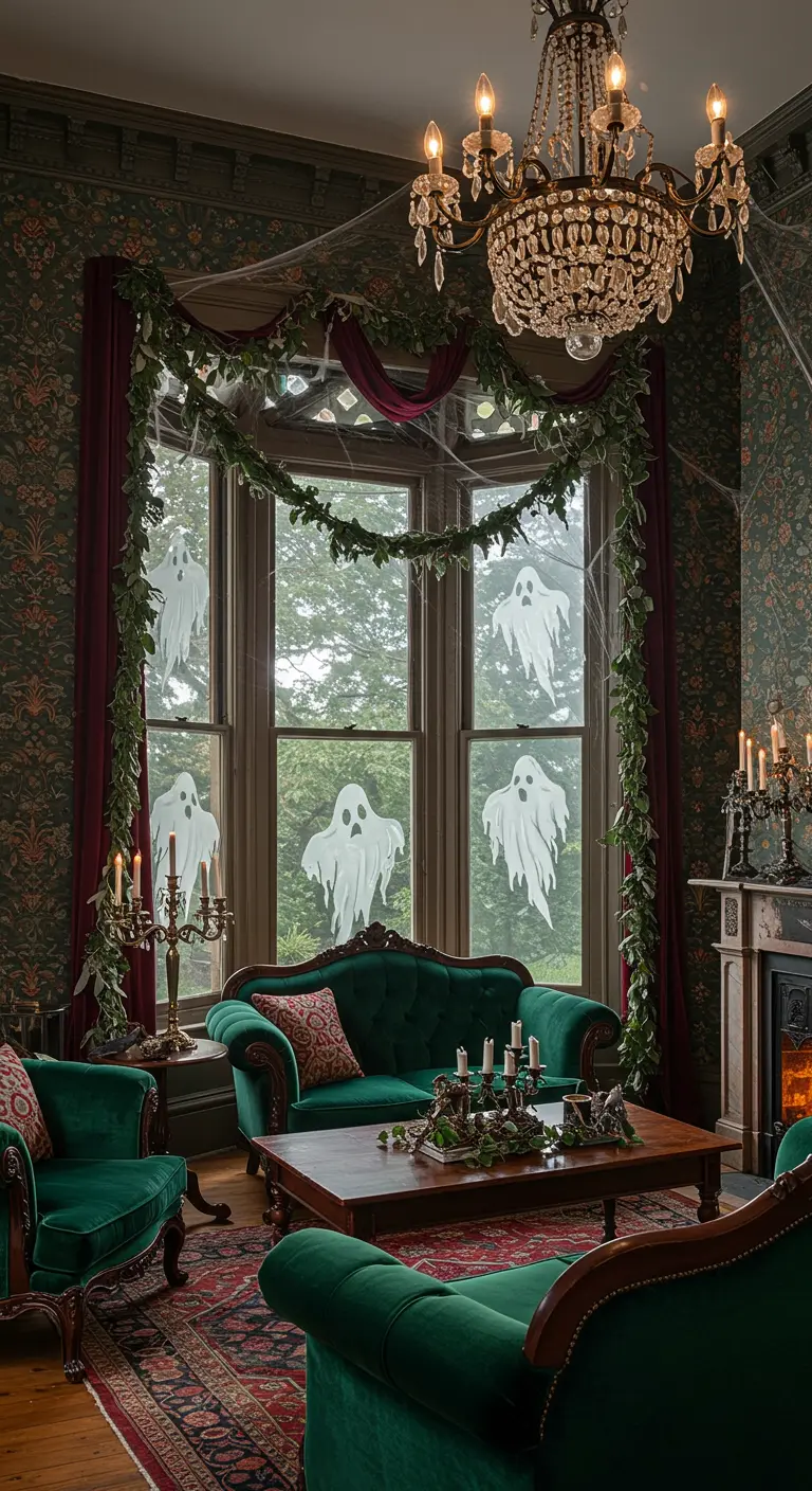 Salon ancien avec fantômes blancs aux fenêtres, guirlandes de lierre et toiles d'araignées.