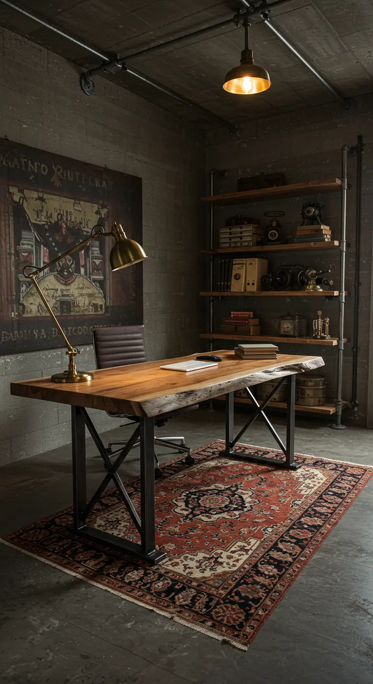 Bureau avec plateau en bois brut (live edge) et pieds en métal, dans un décor industriel.