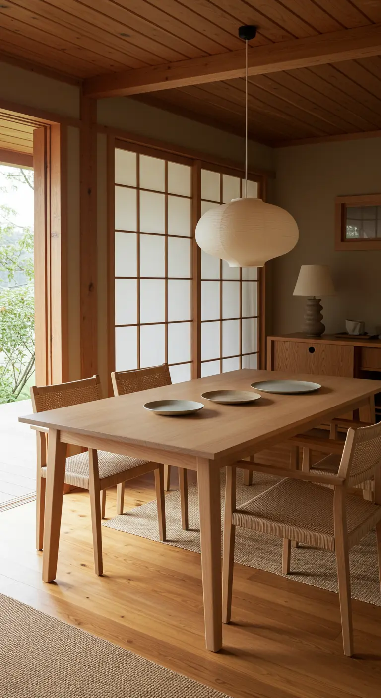 Intérieur d'inspiration japonaise avec une table en bois et des assiettes en céramique simples.
