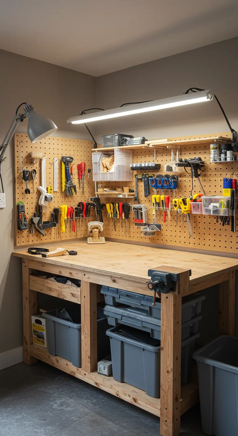 Établi de bricolage avec grand panneau perforé d'outils, rangements et éclairage LED