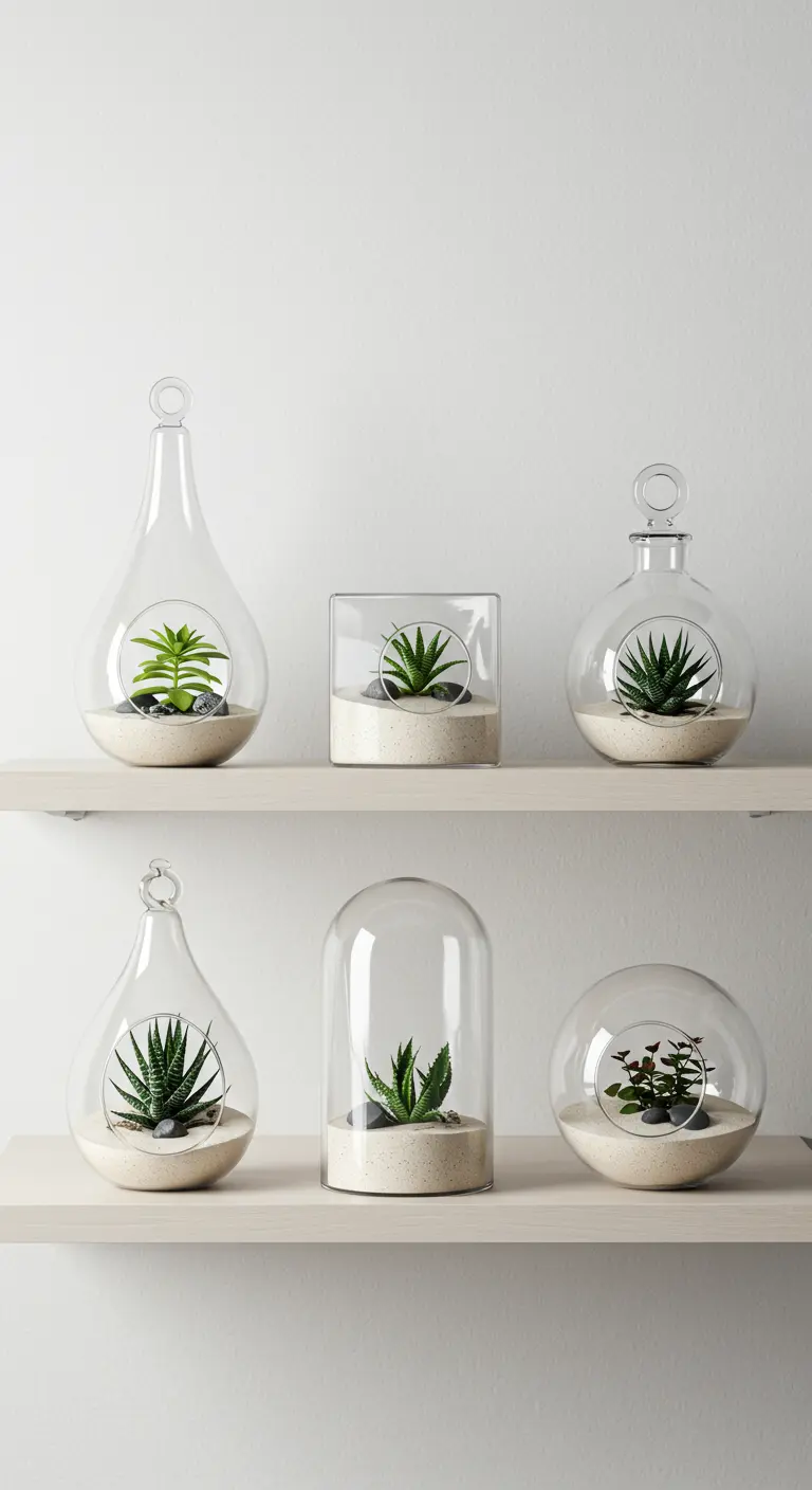 Étagère avec collection de terrariums de formes variées, succulentes, sable et galets.