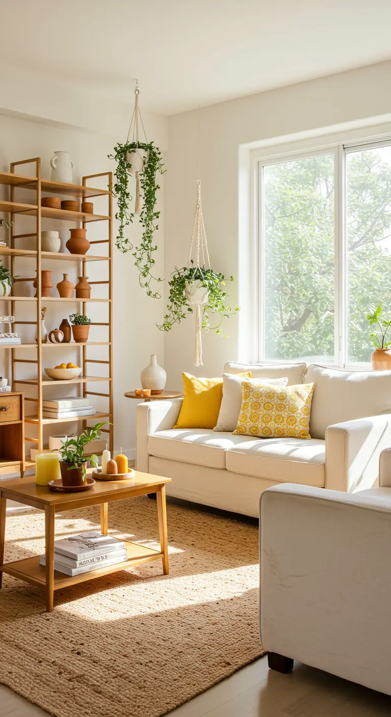 Salon clair avec canapé blanc, coussins jaunes, table basse en bois et grande étagère ouverte remplie de plantes et objets.