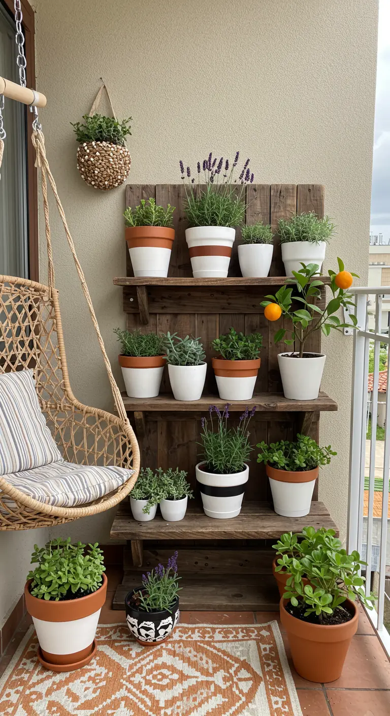 Balcon avec fauteuil suspendu en rotin et étagère en bois remplie de plantes en pots.