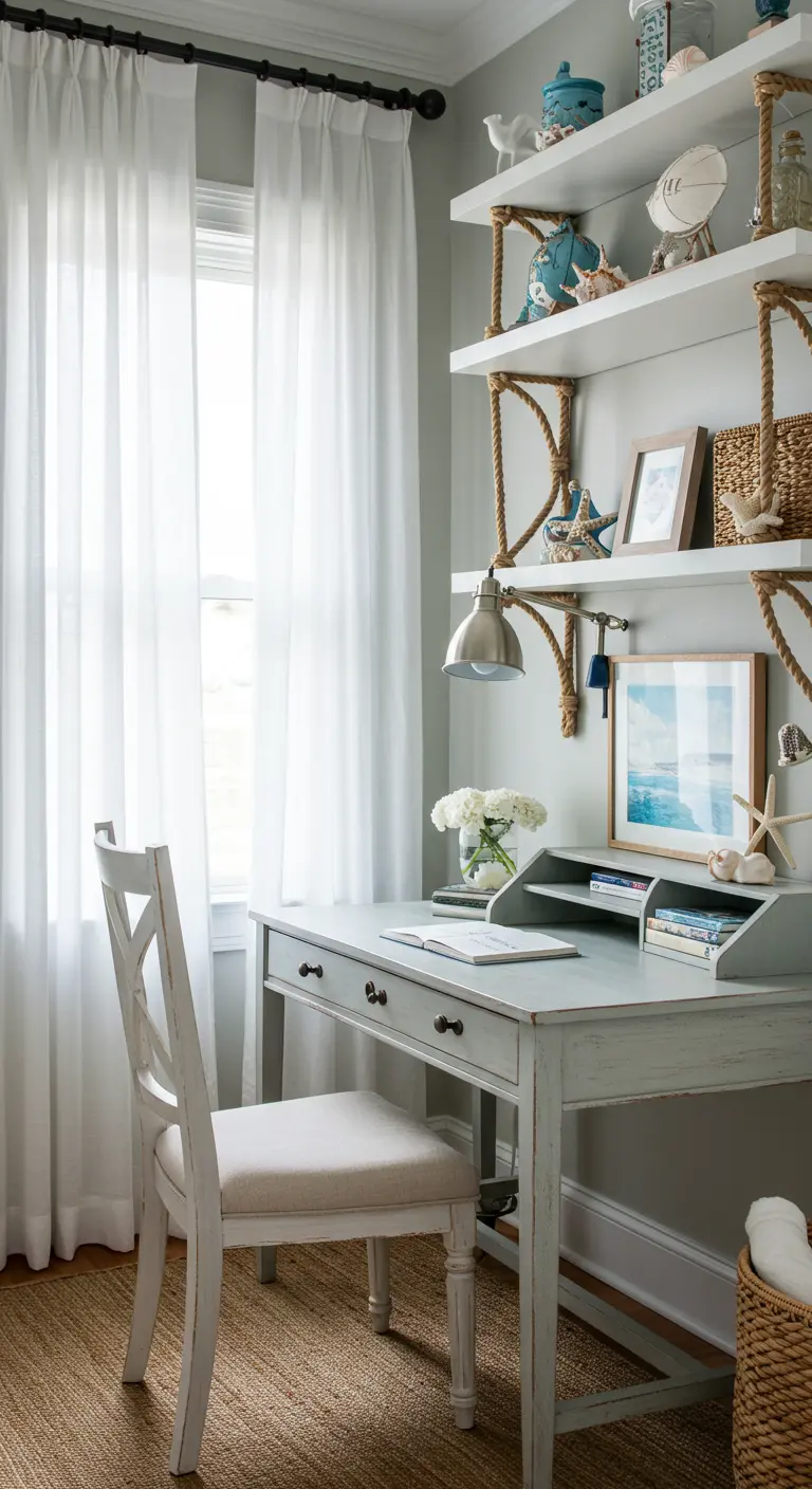 Bureau blanc avec étagères suspendues par des cordes, décorations marines et rideaux légers