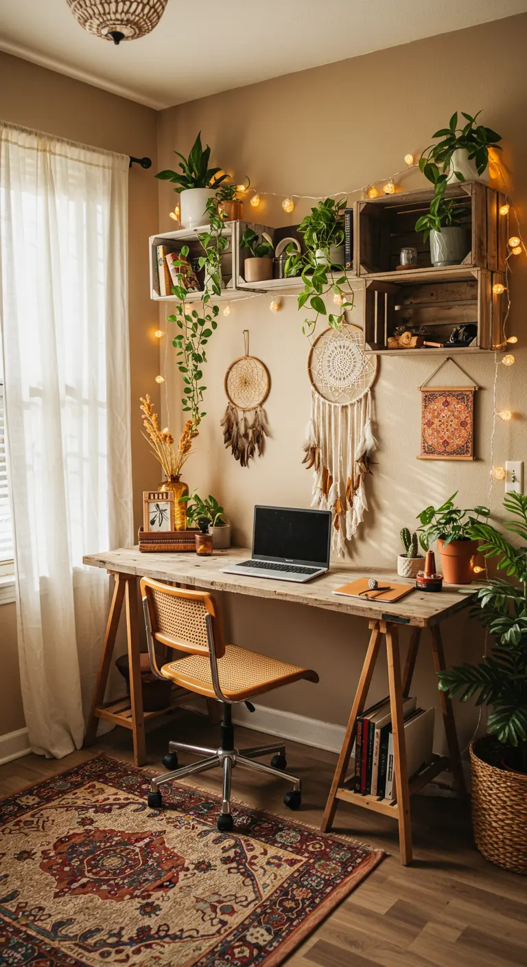 Bureau bohème avec étagères en caisses de bois, plantes suspendues et guirlande lumineuse