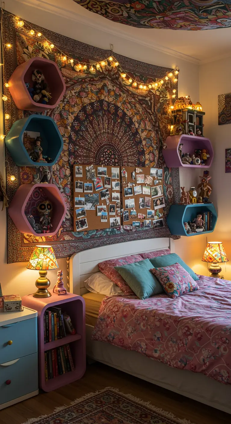 Chambre ado bohème avec tapisserie murale colorée, étagères hexagonales et guirlande lumineuse.