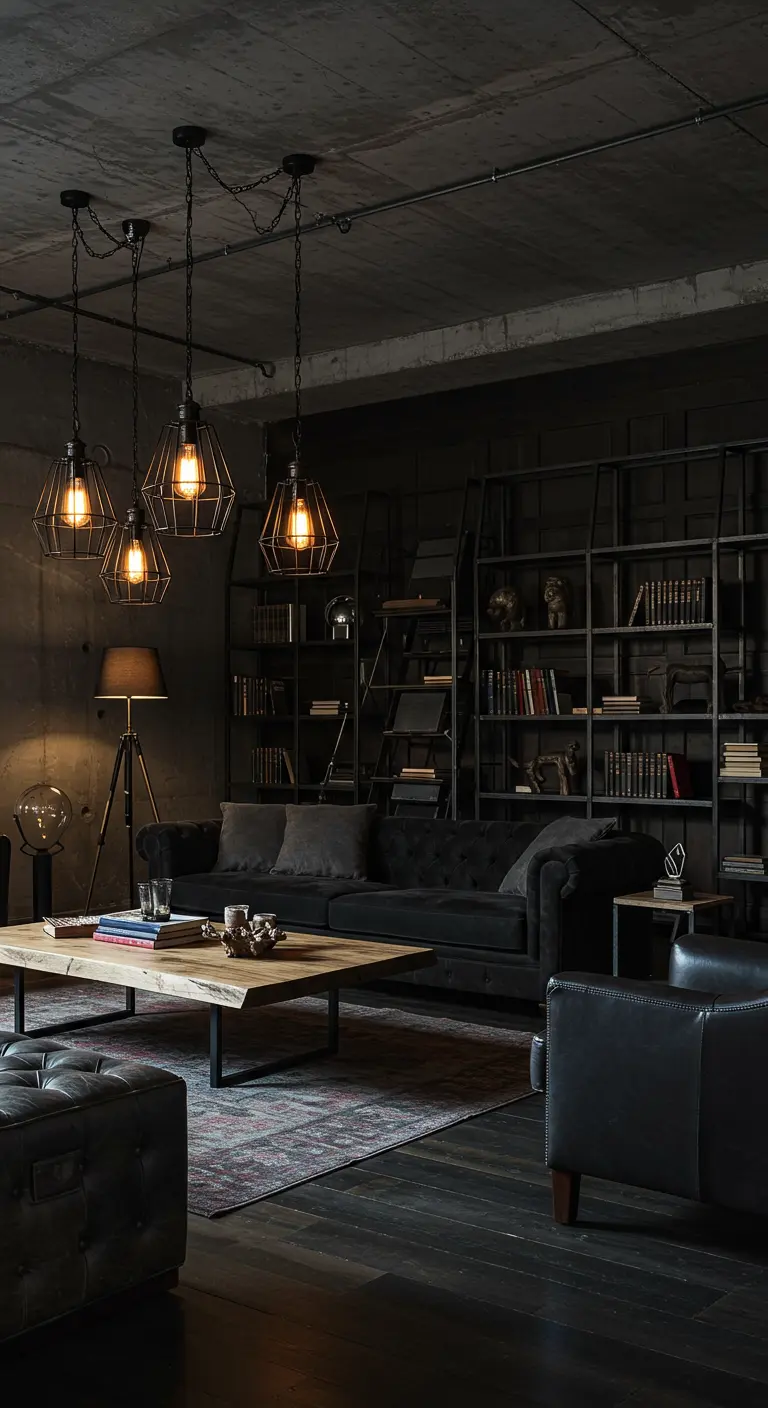 Salon sombre avec grande étagère noire, canapé chesterfield, suspensions cages et table basse en bois.