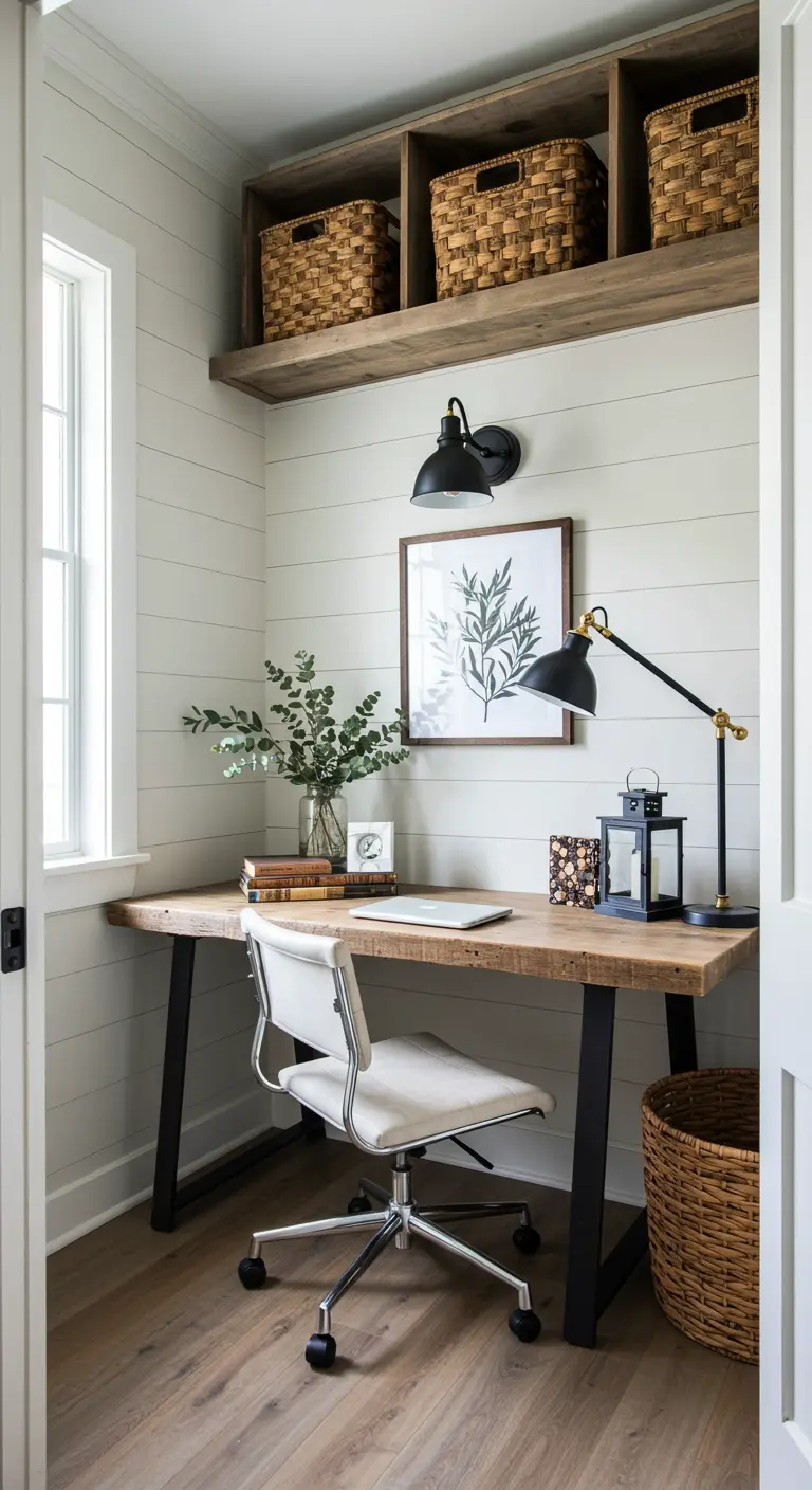 Petit bureau en bois avec étagères supérieures et paniers tressés, ambiance naturelle