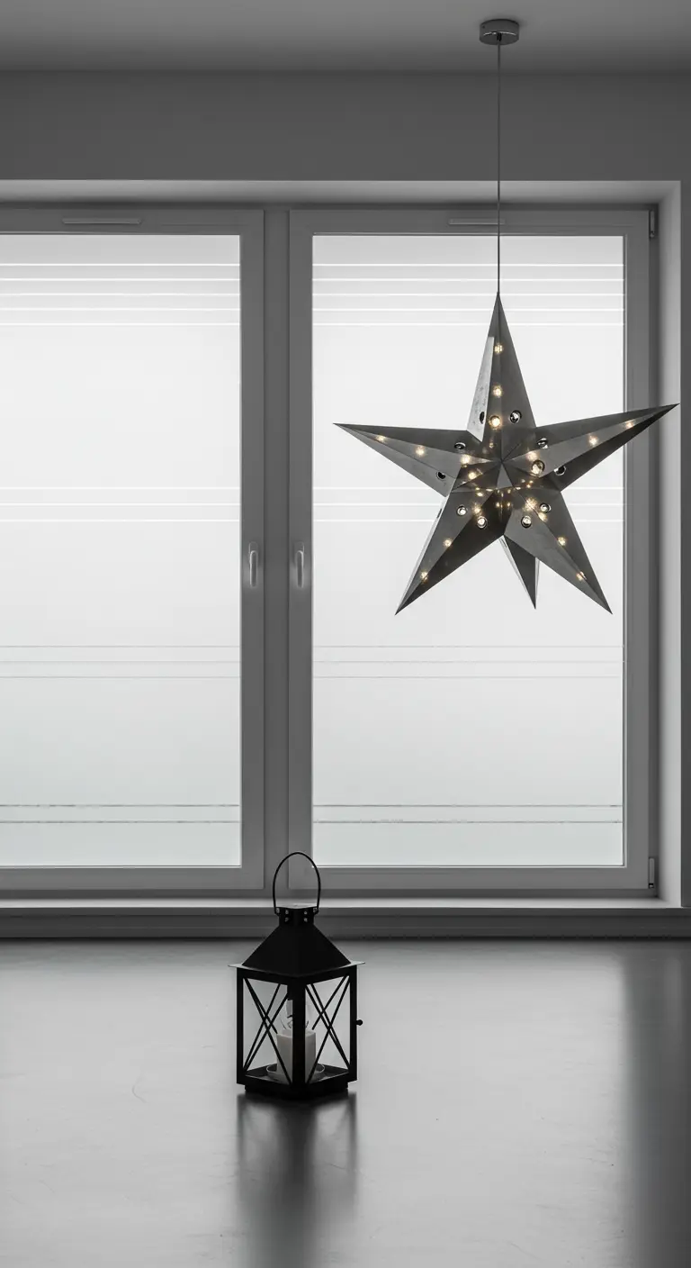 Grande étoile lumineuse en métal suspendue devant une fenêtre dans un décor minimaliste.