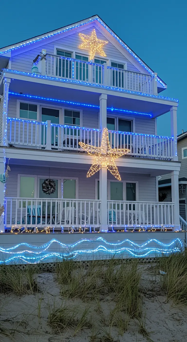 Maison côtière décorée de guirlandes LED bleues et de grandes étoiles de mer lumineuses.