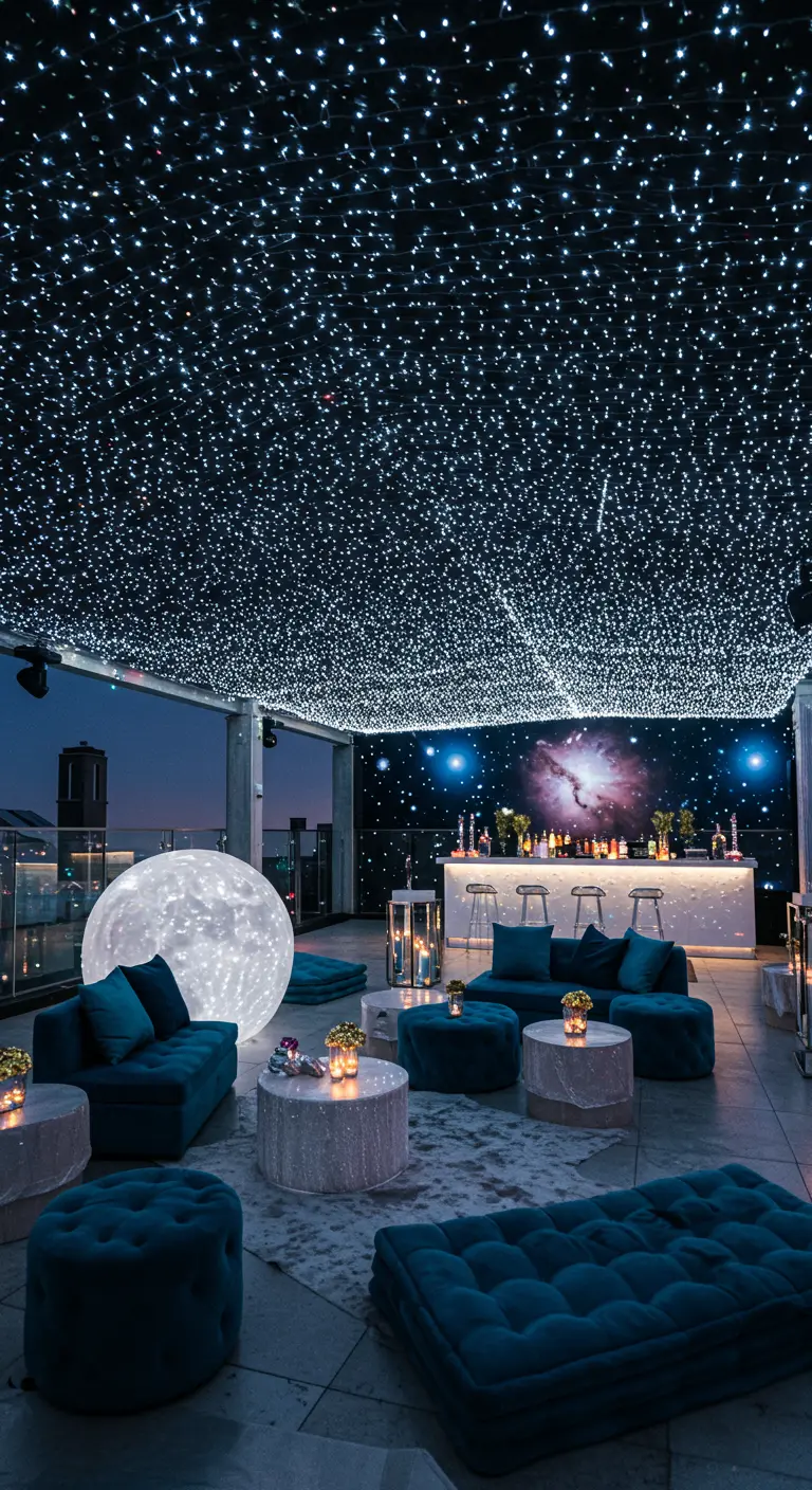 Rooftop thème espace avec plafond étoilé LED, un globe lune géant et canapés bleus.