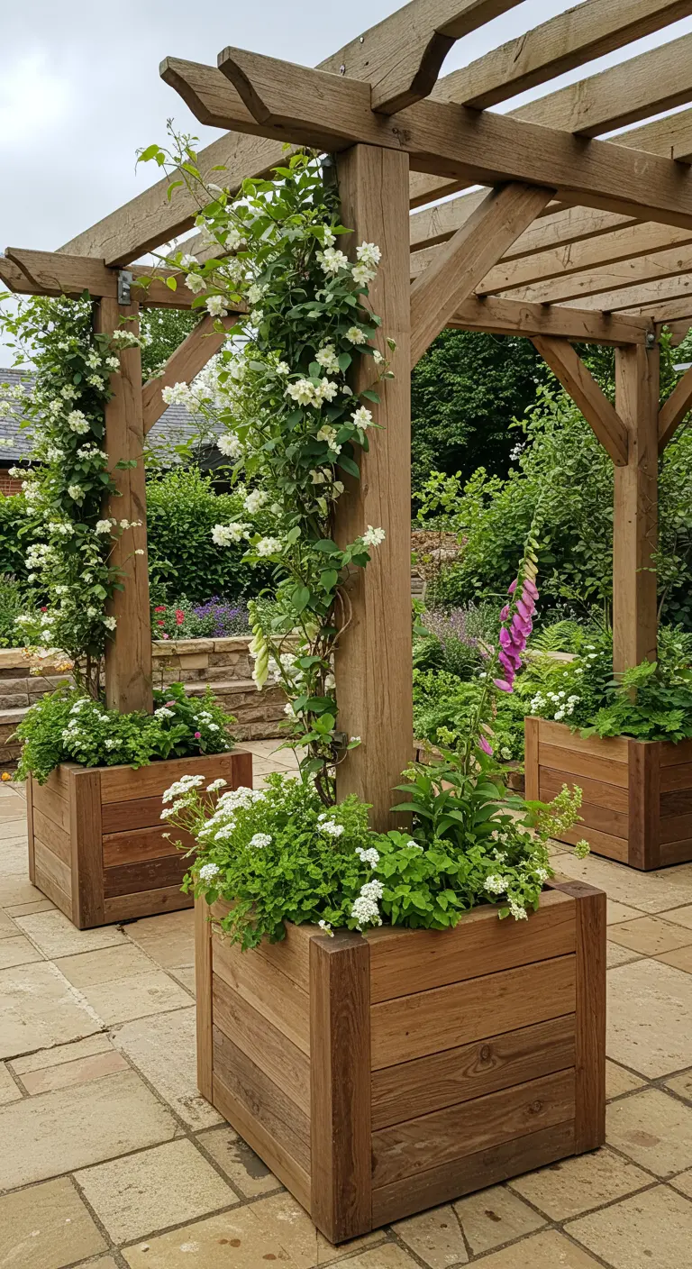 Piliers de pergola en bois avec jardinières carrées et rosiers grimpants blancs.