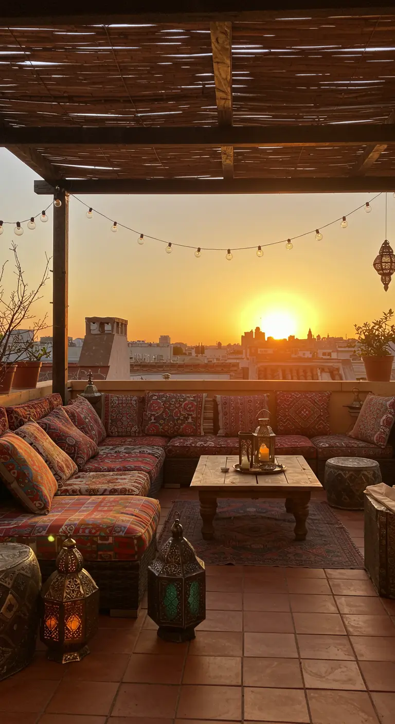 Terrasse marocaine avec tapis, coussins colorés et lanternes au coucher du soleil