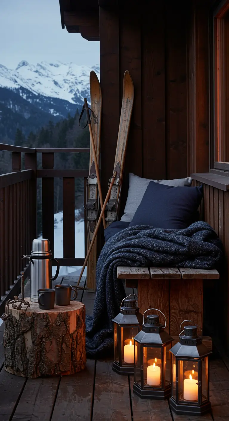 Balcon en bois avec skis anciens, rondin de bois, plaids bleus et lanternes.