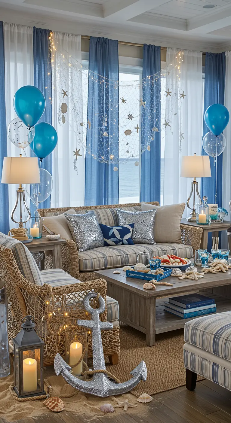Un salon sur le thème marin avec des rideaux bleus et blancs, un filet de pêche décoratif, des ballons et des ancres argentées.