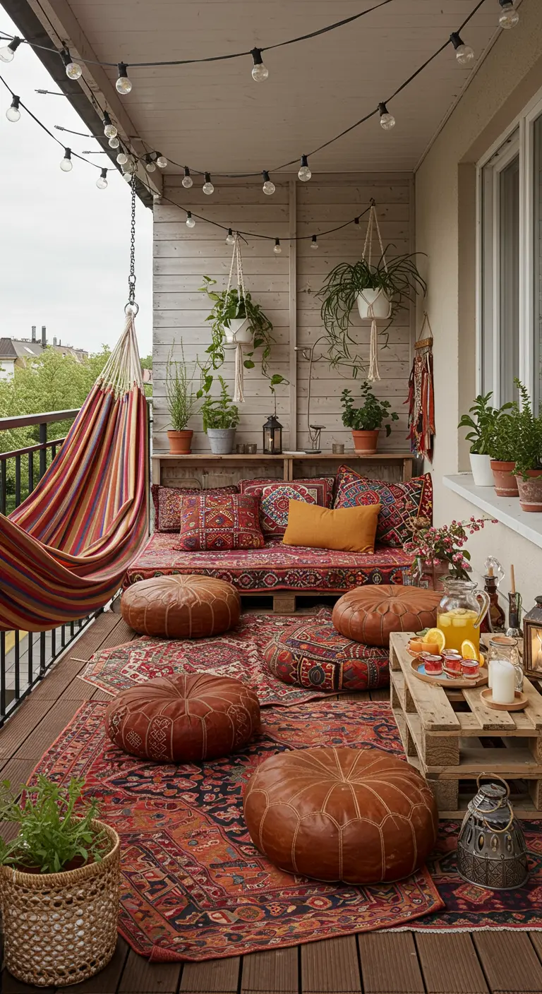 Balcon bohème avec hamac rayé, poufs en cuir, tapis persan, et meubles en palettes.