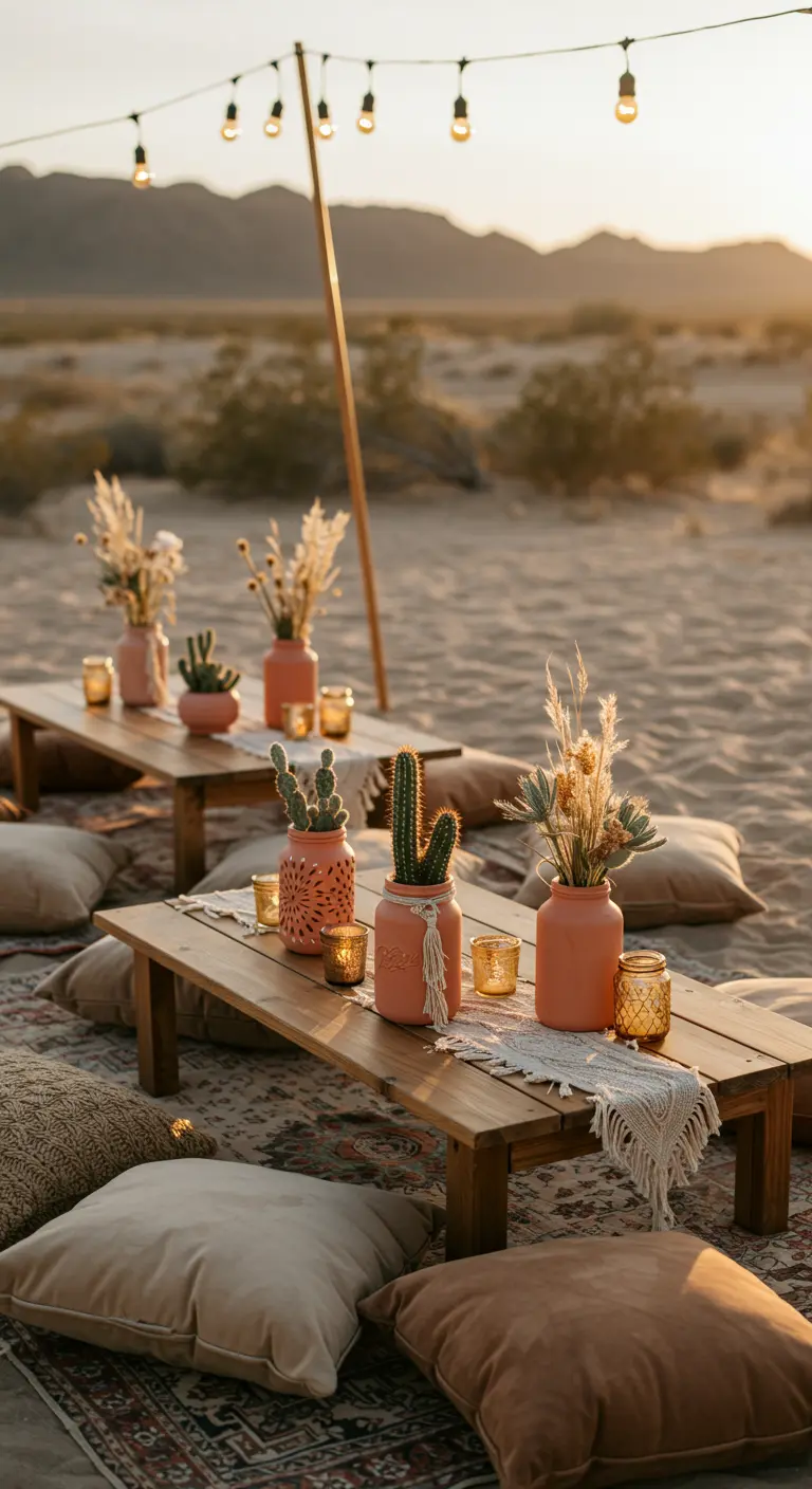 Tables basses sur le sable, décorées de pots en terre cuite, cactus, herbes séchées et bougies.
