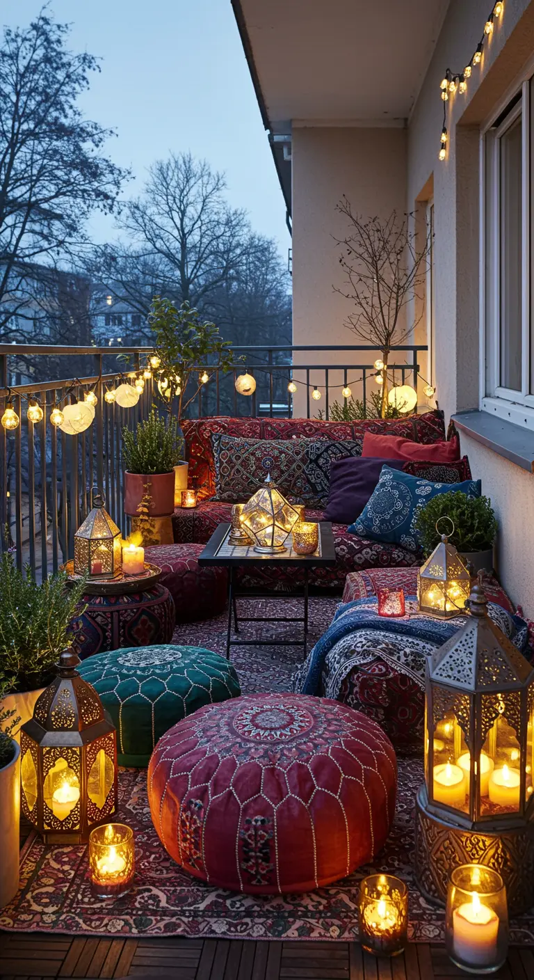 Balcon bohème avec coussins colorés, poufs, lanternes orientales et guirlandes. 