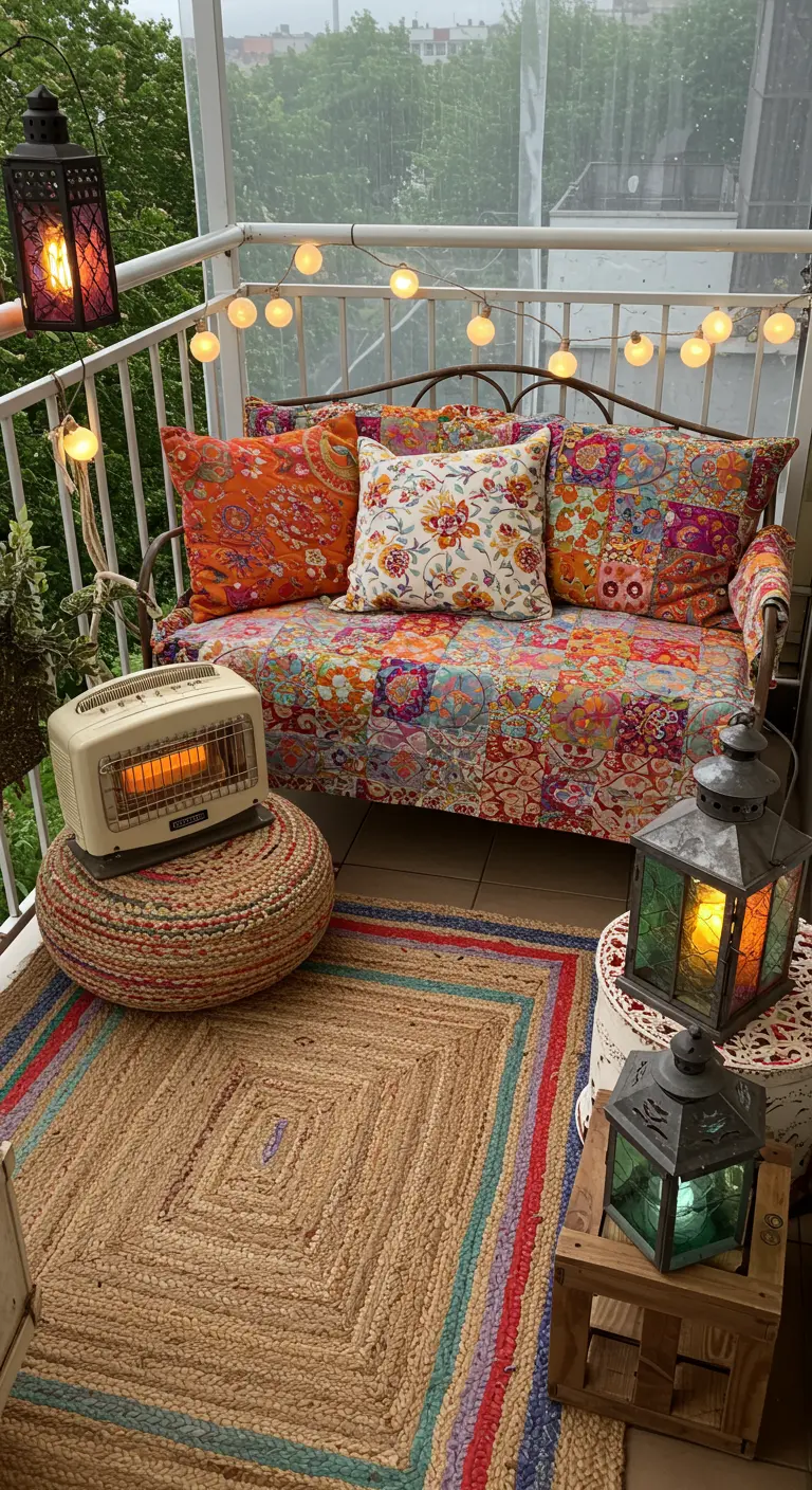Balcon bohème avec canapé coloré, tapis superposés et chauffage rétro.