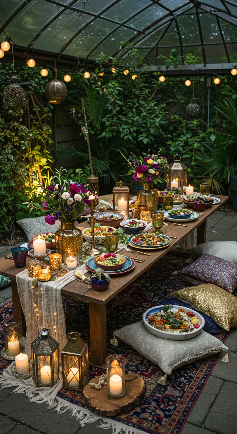 Buffet extérieur bohème sous serre, coussins au sol, lanternes, guirlandes lumineuses.