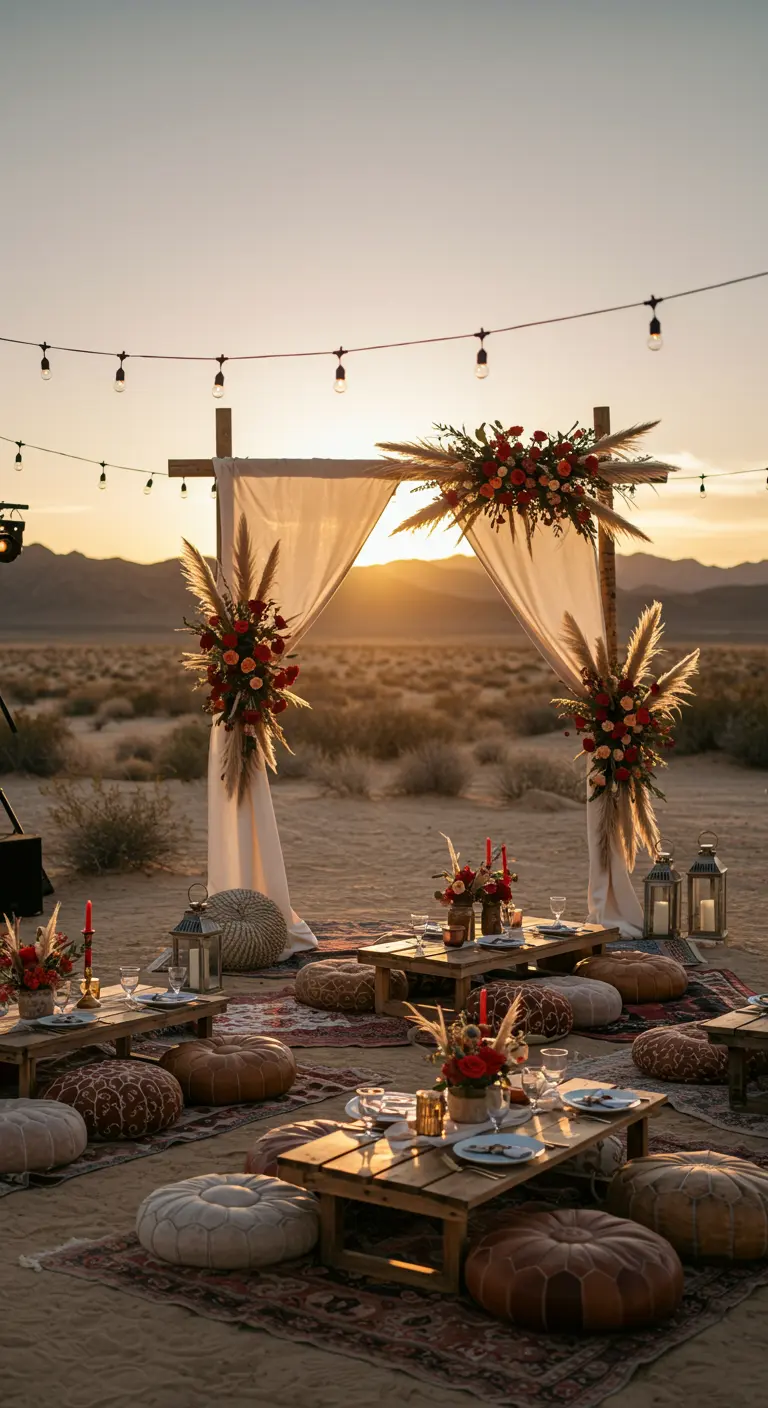 Arche en bois et pampa avec roses rouges dans un décor désertique au coucher du soleil, poufs au sol.
