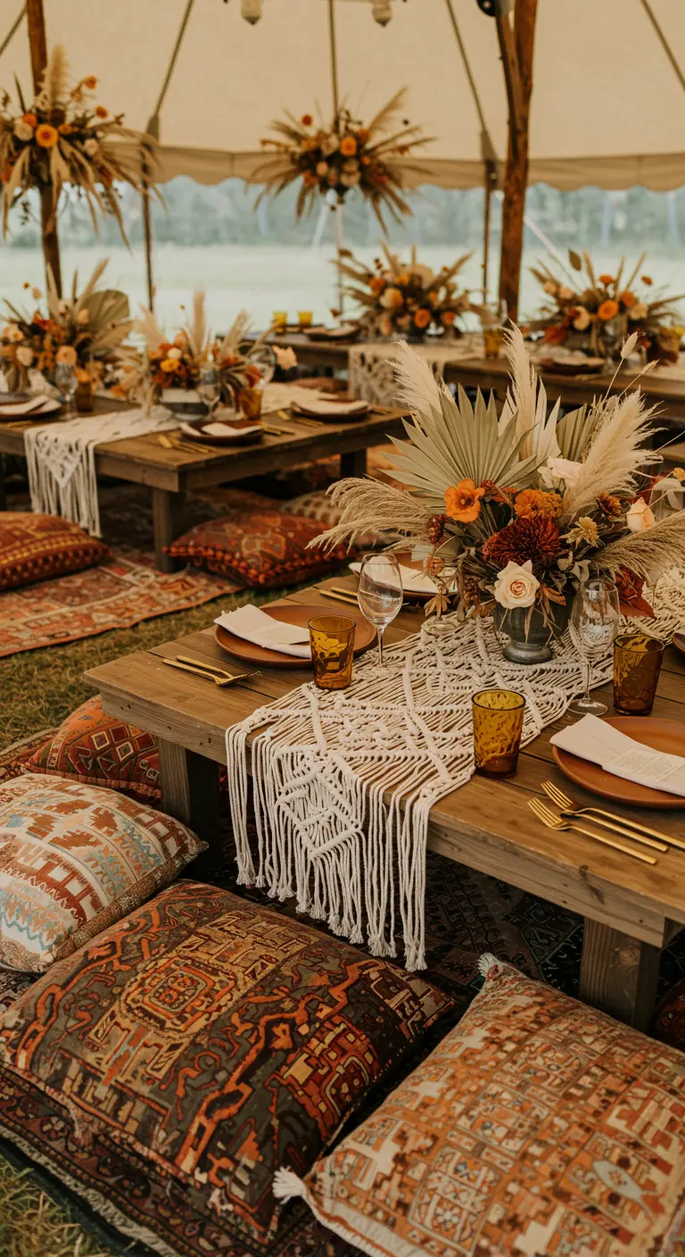 Table de mariage bohème basse avec coussins au sol, macramé et herbe de la pampa.