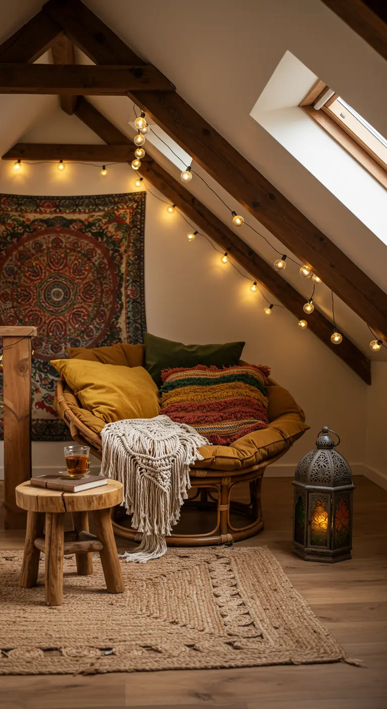 Fauteuil Papasan, coussins colorés, macramé, guirlande lumineuse, tapisserie, lanterne au sol.