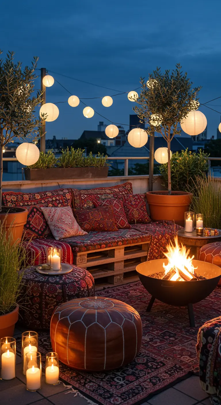 Terrasse de toit bohème avec canapé en palettes, brasero, lanternes chinoises et tapis colorés.