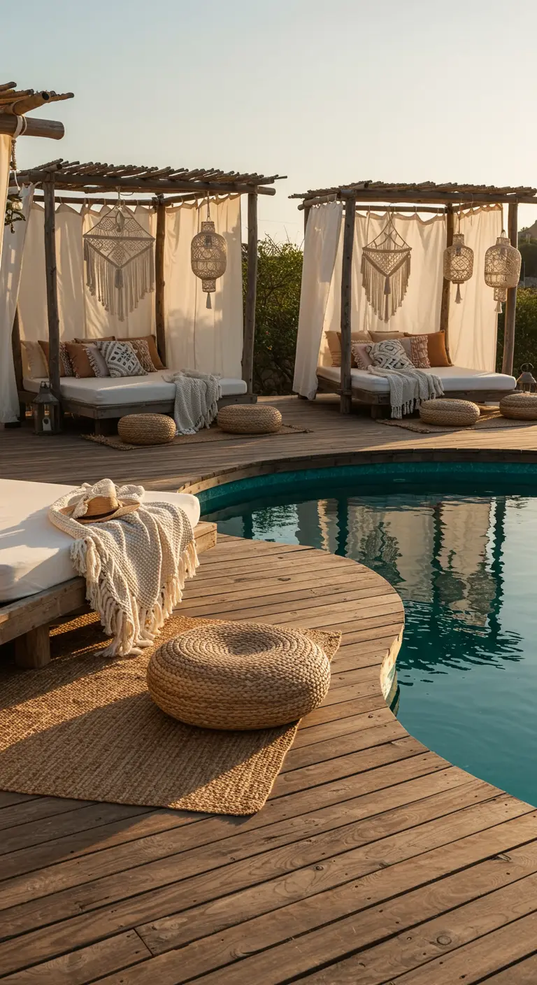 Deux lits de jour à baldaquin en bois avec des rideaux blancs et des décorations en macramé, près d'une piscine.