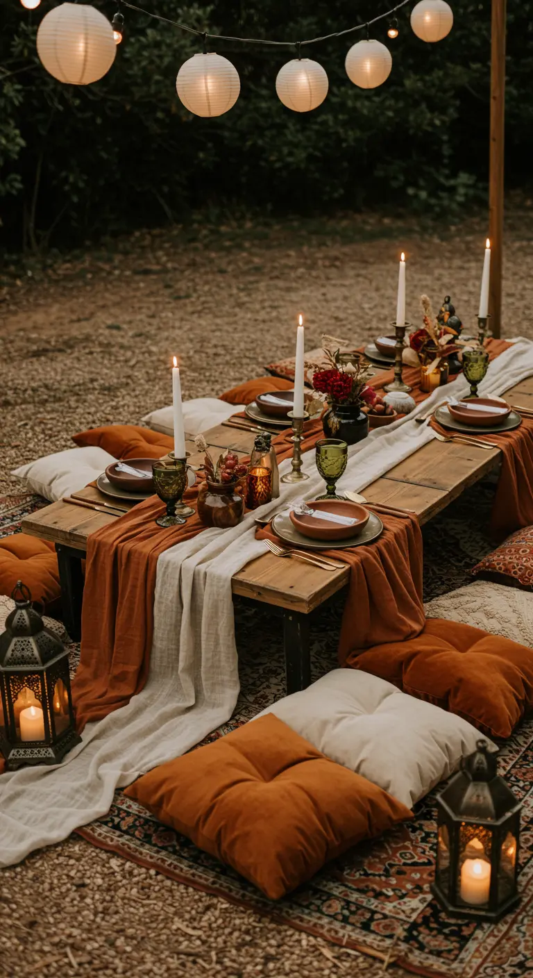 Dîner bohème en extérieur avec table basse, coussins au sol, chemins de table et lanternes éclairées.