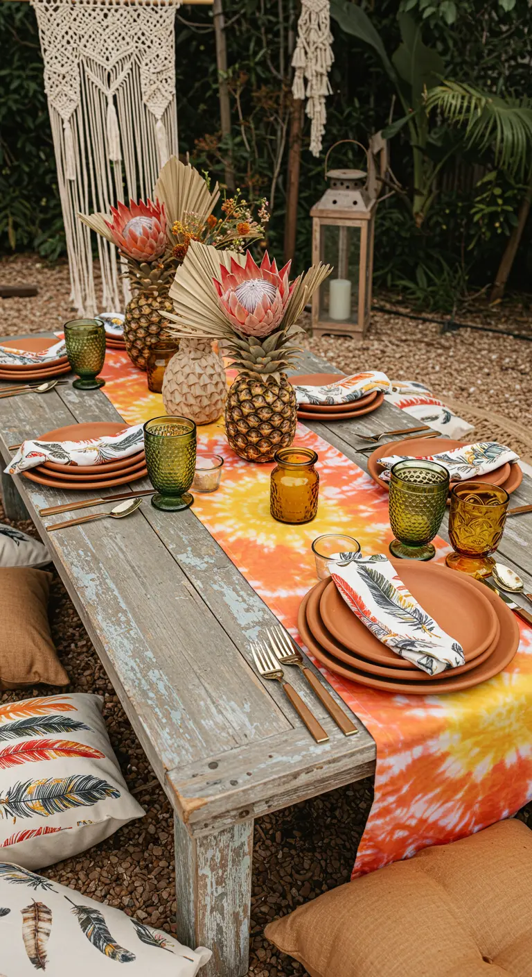 Table en bois rustique avec chemin de table tie-dye, ananas avec proteas séchées, assiettes en terre cuite.