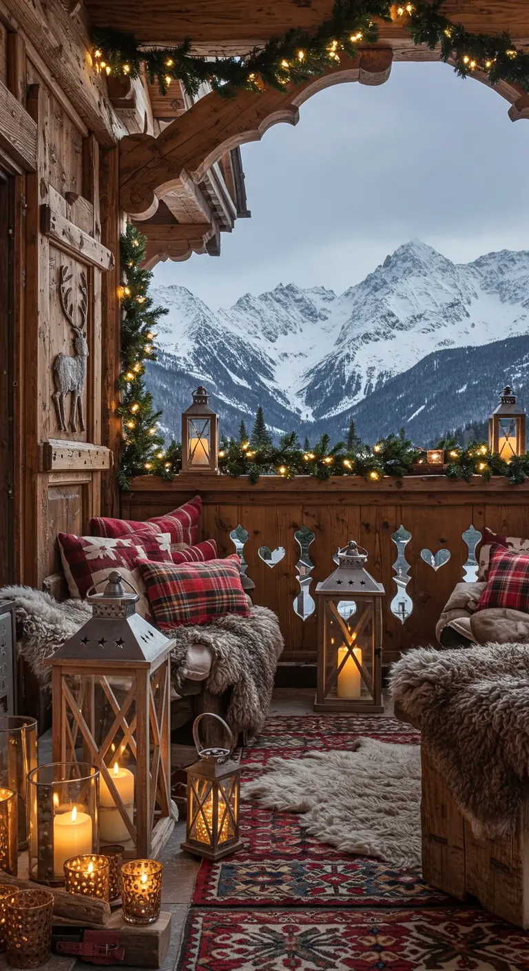 Balcon style chalet avec bois, plaids écossais, fausse fourrure, tapis et lanternes en bois. 