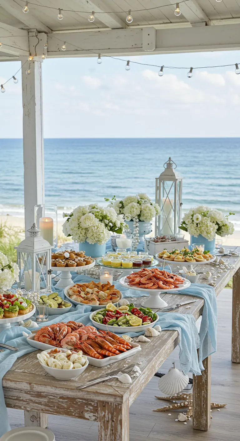 Buffet de plage, tons bleu et blanc, lanternes, coquillages, bouquets d'hortensias.
