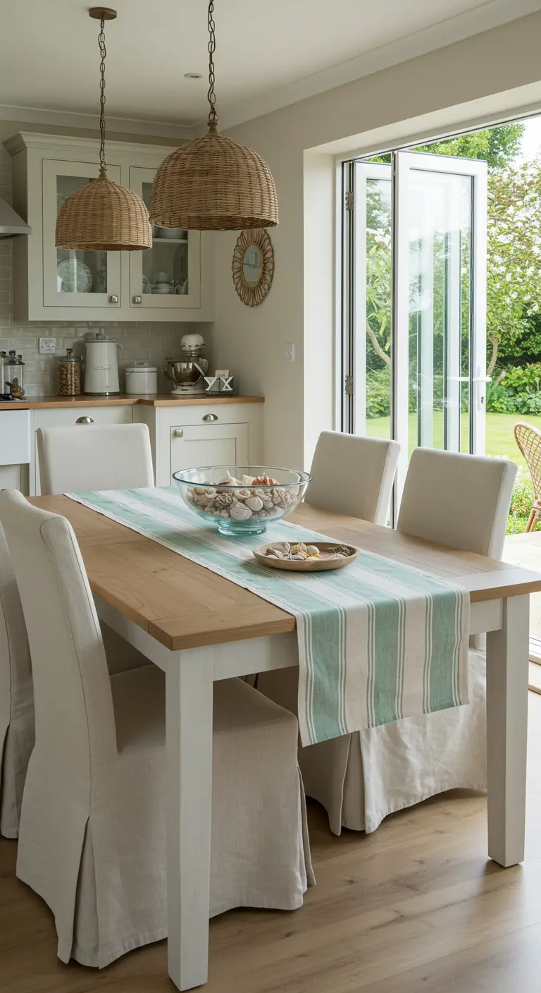 Chemin de table rayé vert et blanc avec un bol de coquillages sur une table à manger.