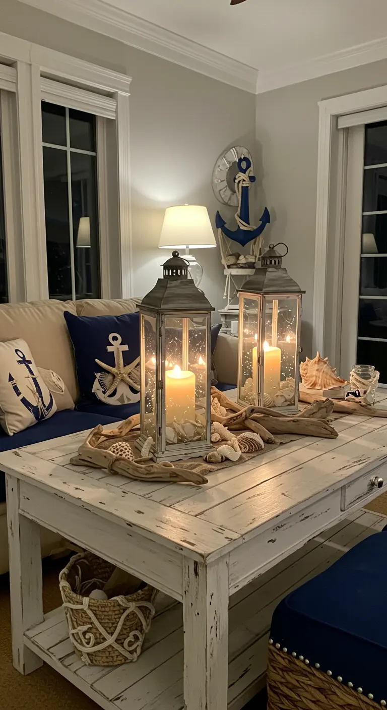 Table basse blanche avec deux grandes lanternes, bois flotté, coquillages et coussins bleus.