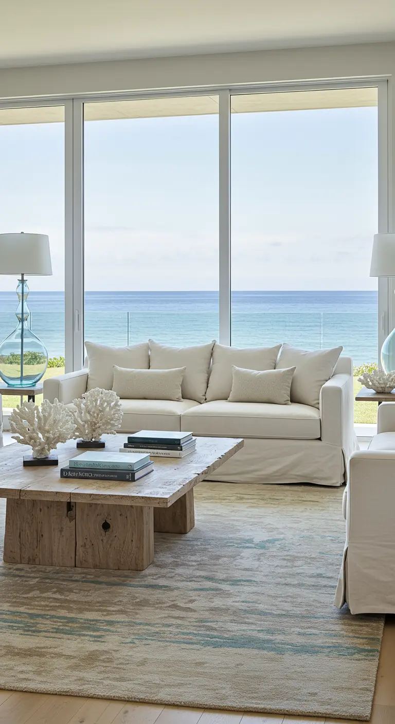 Salon face à la mer avec canapé blanc, table basse en bois de récupération et tapis aux tons bleus.
