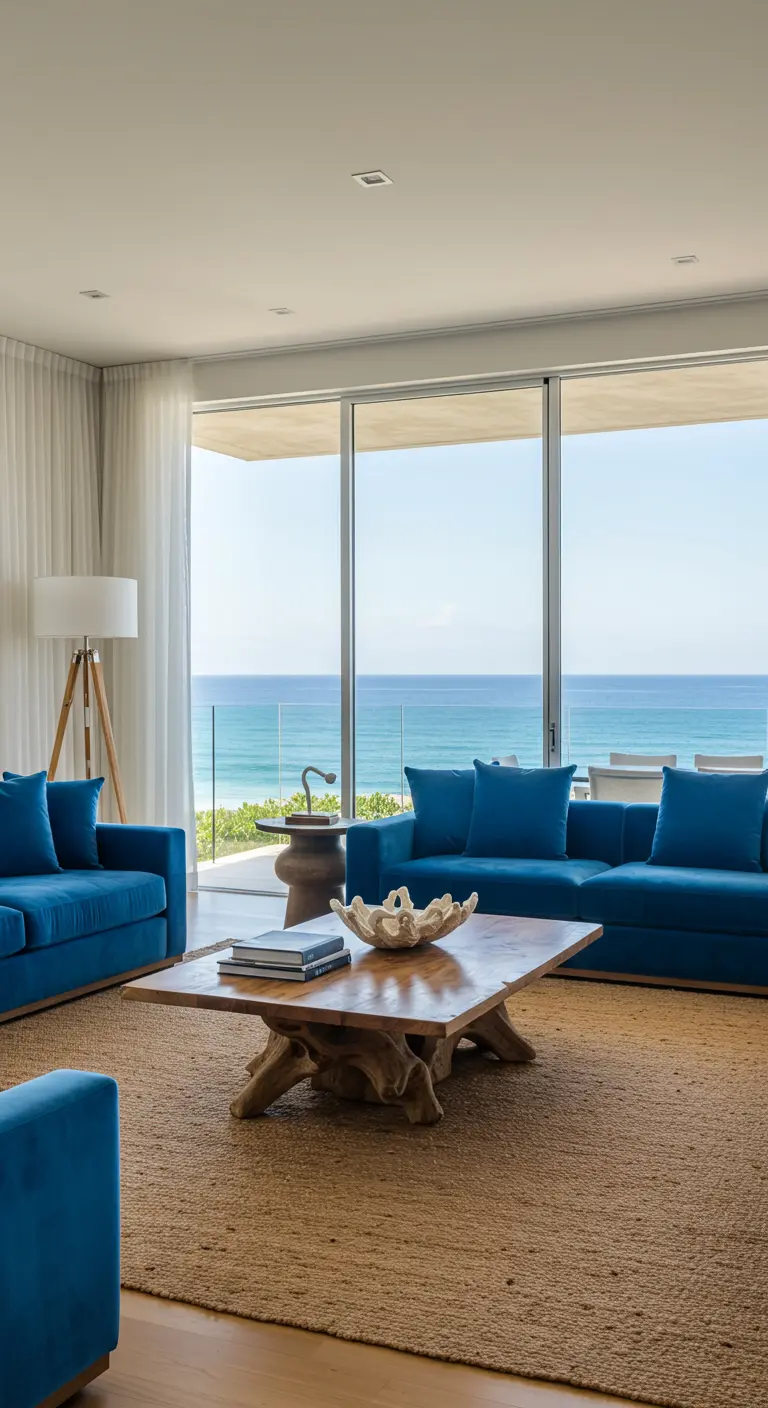 Salon luxueux face à l'océan avec canapés en velours bleu, tapis en sisal et table basse en bois flotté.