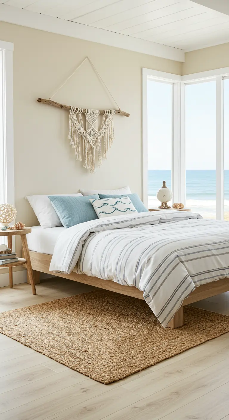 Chambre côtière bohème avec macramé sur bois flotté, literie rayée et tapis en jute.