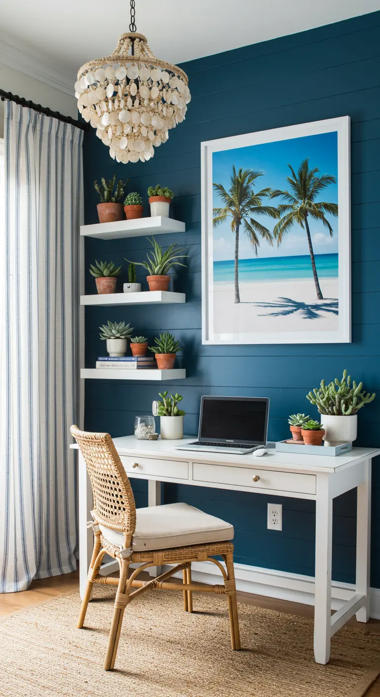Bureau avec mur bleu lambrissé, tableau de plage, étagères avec succulentes et chaise en rotin.