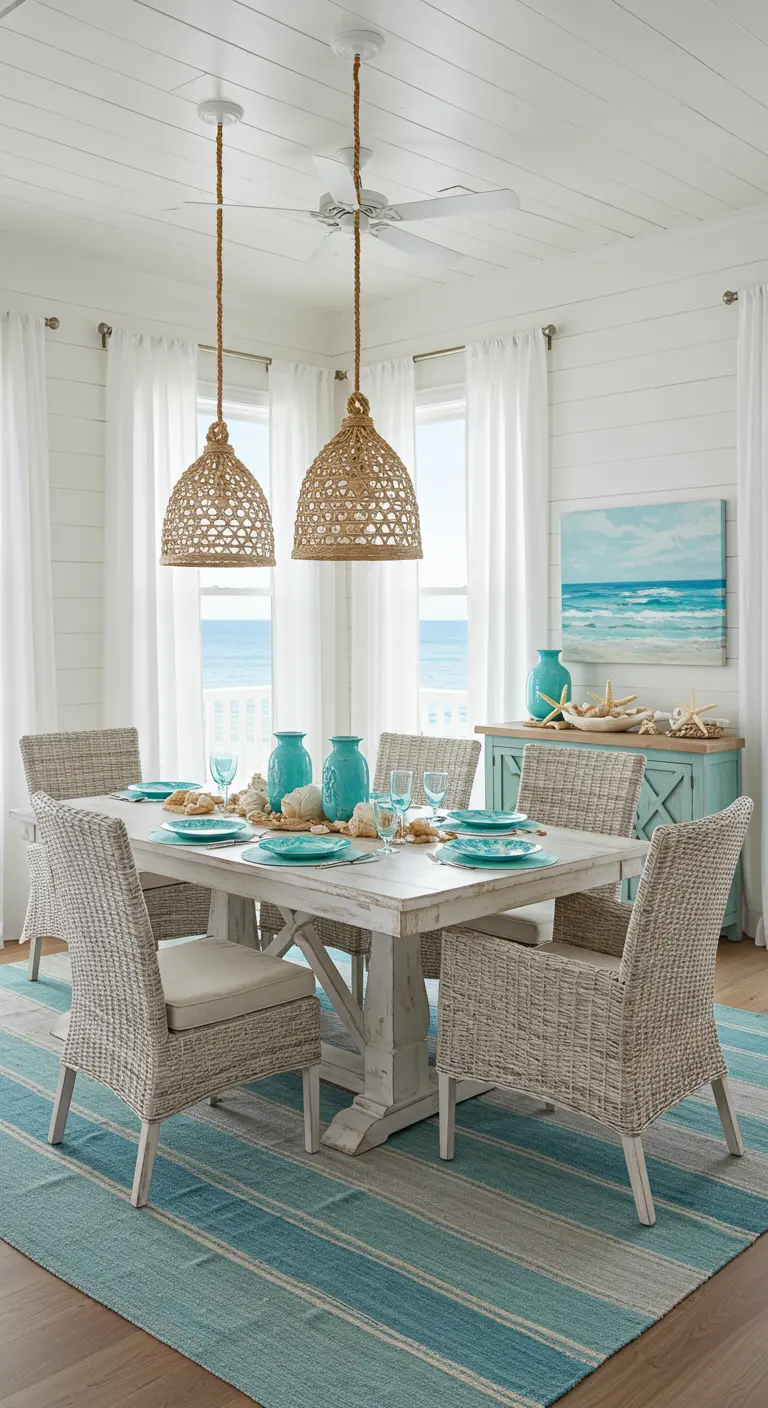 Salle à manger côtière avec table blanche, chaises en osier et vaisselle turquoise.