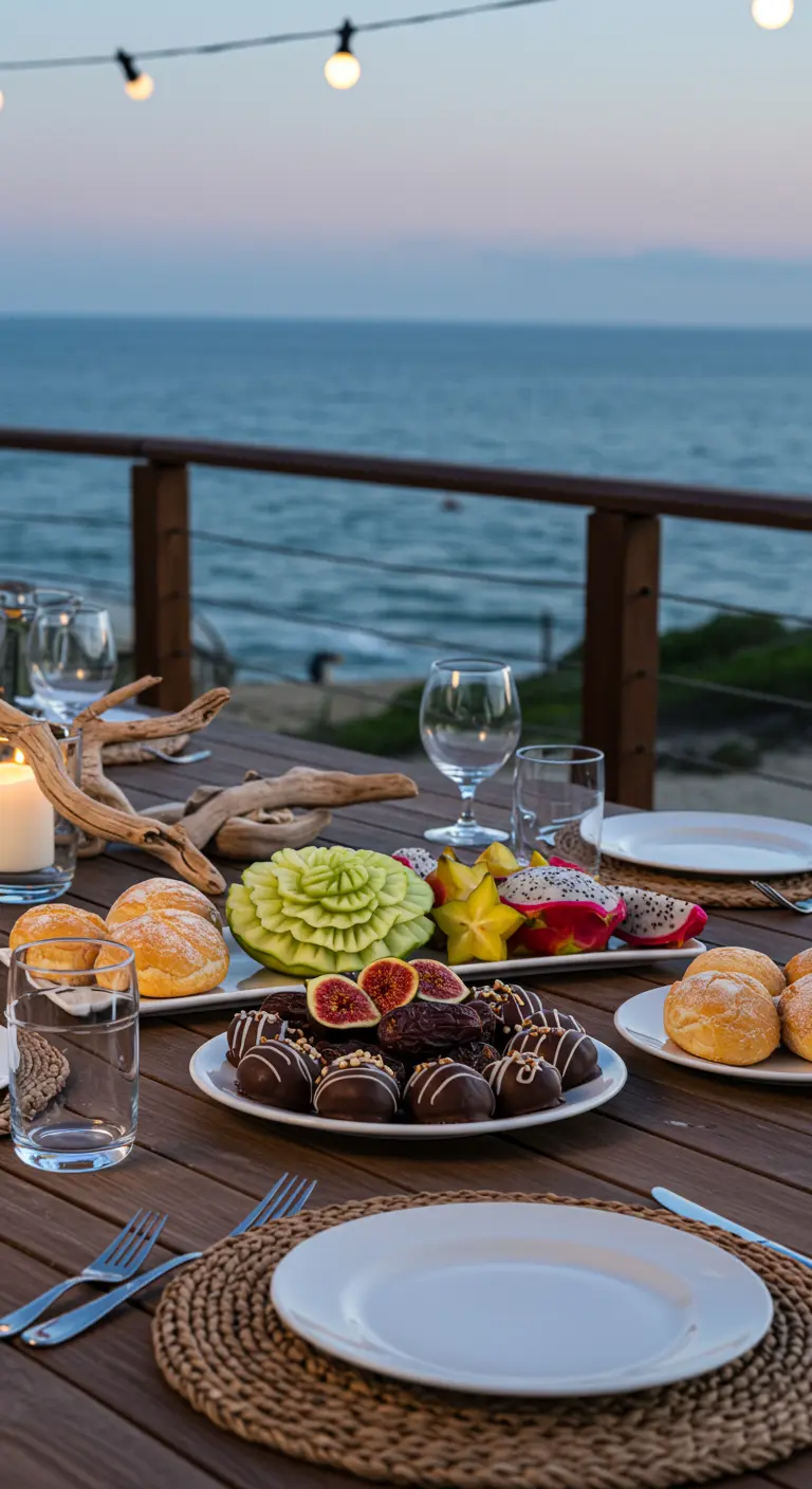 Dîner en bord de mer avec fruits exotiques, melon sculpté, truffes au chocolat et décor de bois flotté.
