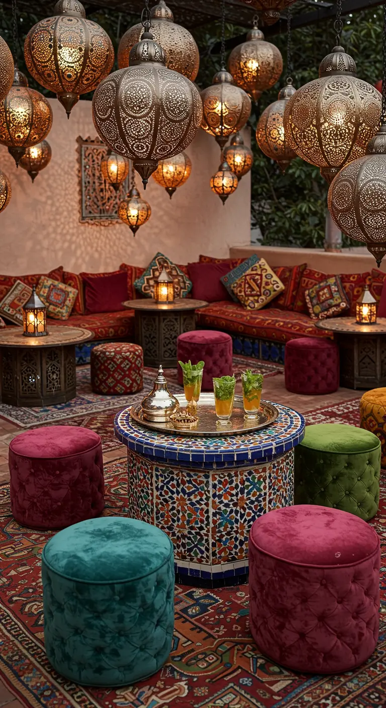 Salon marocain avec poufs colorés et de nombreuses lanternes suspendues.