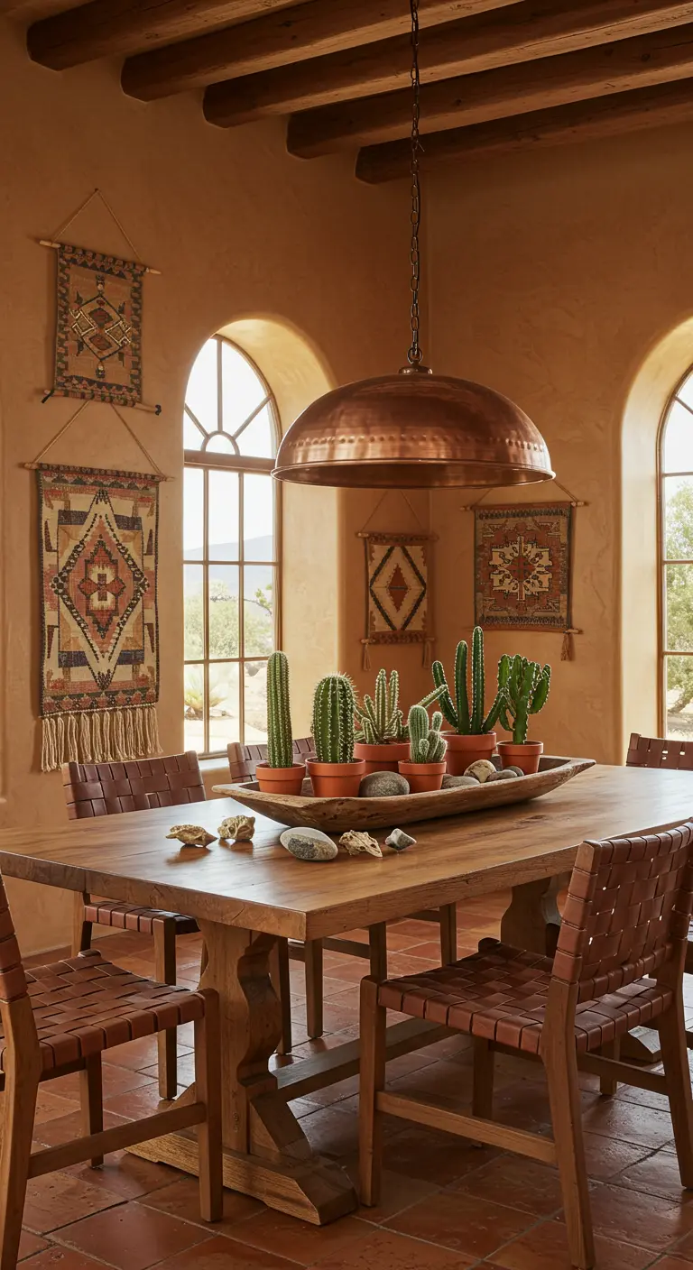 Salle à manger de style sud-ouest avec une table en bois rustique et un centre de table de cactus dans des pots en terre cuite.