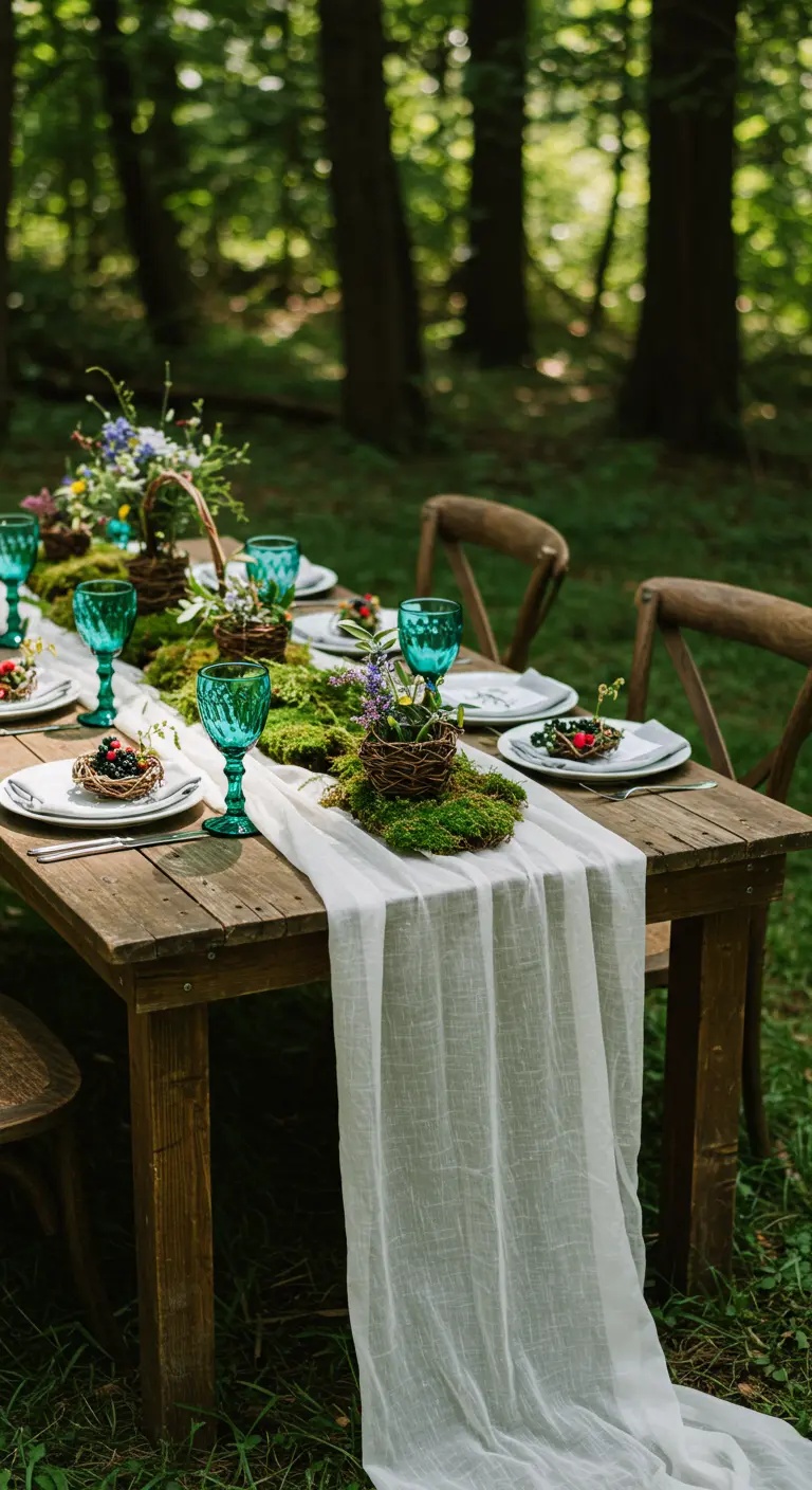 Table rustique dans une forêt avec chemin de table blanc, mousse, petits nids d'oiseaux et verres verts.
