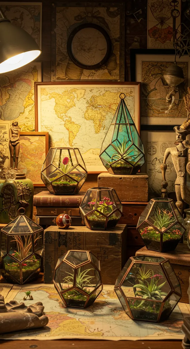 Terrariums géométriques variés avec plantes exotiques sur un bureau recouvert de cartes anciennes.
